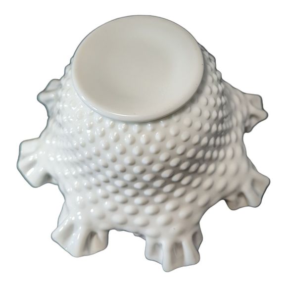 Vintage Fenton 80s White Milk Glass Hobnail Ruffled Crimped Edge Vase Bowl 8.75” - Picture 3 of 8
